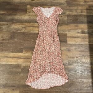 bebop Dress S Peach Floral Midi Smocked Waist Button Front Milkmaid Coquette